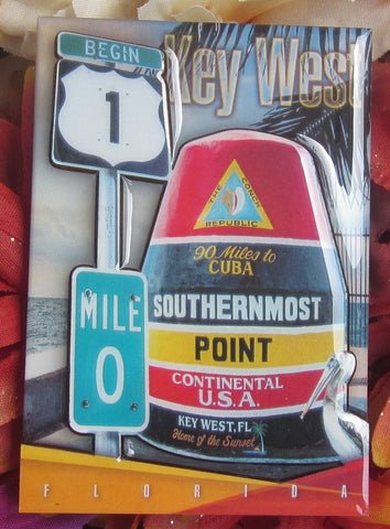 Magnet picture showing a 3D design of the US 1 sign "BEGIN", Mile 0, Southernmost Point, "Key West" and "FLORIDA".