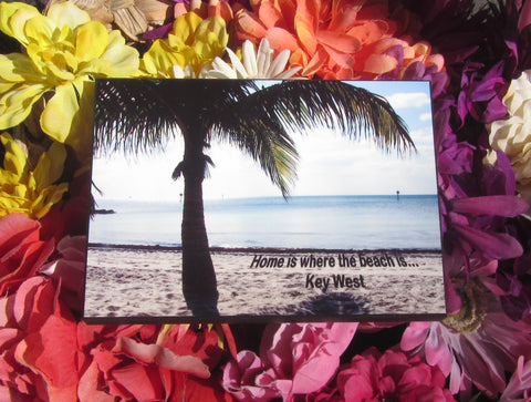 Photo Panel 5" x 7" showing a peaceful view on the water behind a palm tree at Smathers Beach with "Home is where the beach is... Key West"