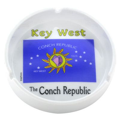 Ashtray picture with "The Conch Republic" written at the bottom, the flag in the middle and "Key West" on top.