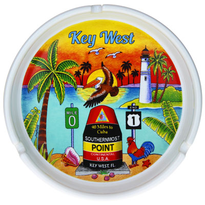 Ashtray picture with a Key West design: Southernmost Point, Mile 0 sign, US 1 sign, Lighthouse, Conch shell, rooster, pelican, sunset and palm trees, with a "Key West" at the top.