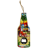 Bottle opener in the shape of a bottle, made out of wood, showing a tropical scenery with the Southernmost Point, the Mile 0 sign, the End US 1 sign, a parrot, a palm tree, "Key West" and "The Conch Republic". This image also shows the rope hanging from the top which can be used to hang this product in a convenient place.