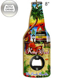 Bottle opener shaped like a beer bottle, made out of wood, showing a tropical scenery with the Southernmost Point, the Mile 0 sign, the End US 1 sign, a parrot, a palm tree, "Key West" and "The Conch Republic".