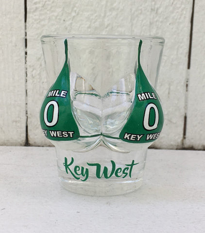 Shot glass shaped like a woman bust wearing a Mile 0 design "Key West" bikini top.