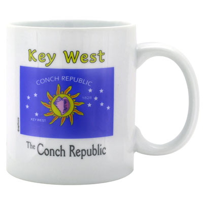 Picture of the mug showing the Conch Republic Flag, "Key West" and "The Conch Republic".