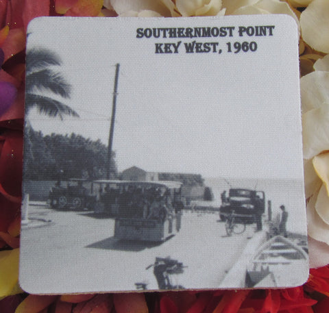 Rubber Coaster showing a mid 20th century picture of a Conch Tour Train turning the corner at the Southernmost Point.