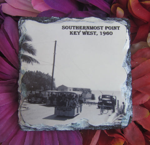 Slate Coaster showing a mid 20th century picture of a Conch Tour Train turning the corner at the Southernmost Point.