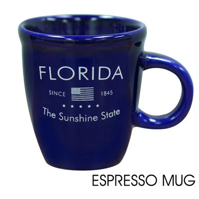 Espresso Cup picture showing "FLORIDA" on top, the American flag and "SINCE 1845" in the middle, "The Sunshine State" at the bottom, with a royal blue background.