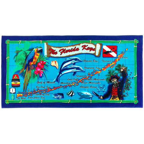 Beach towel picture showing a map of the Florida Keys with the Southernmost Point, Mile 0 US 1 sign, parrot, pirate, conch shell, dive flag, fish, sting ray, dolphins and shark.