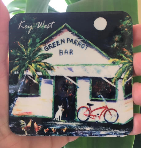 Hardboard Coaster picture showing a painting of the Green Parrot with chickens, dog and bike.