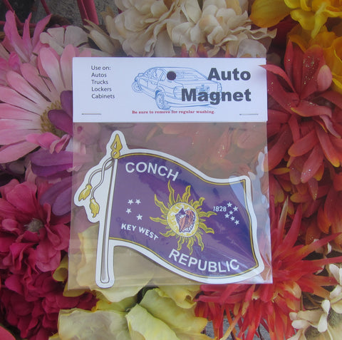 Conch Republic Flag auto magnet pictured in its wrapper. This magnet is in the shape of a real flag including the pole!