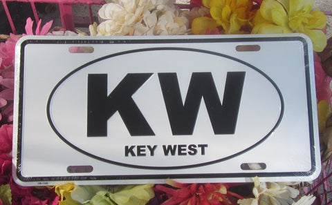 License Plate picture showing a black and white oval design with "KW" (big black capital letters) and "KEY WEST" (smaller black capital letters), with a white background.