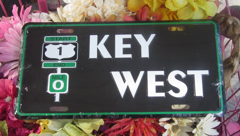 License Plate picture showing the MIle 0 post US 1 sign on the left and "KEY WEST" (big white capital letters) in middle and right, with black background.