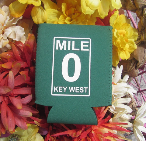 Can Cozy picture showing the Mile 0 design with "Key West" (dark green background)