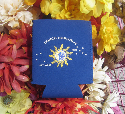 Can Cozy picture showing the Conch Republic Flag (blue background)
