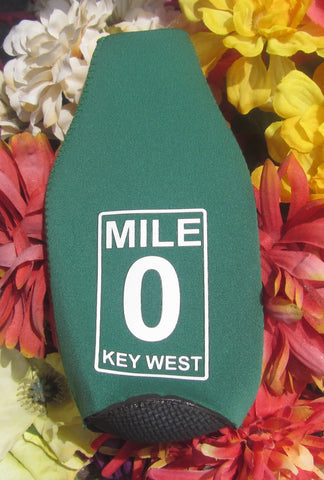 Bottle Cozy front view showing the Mile 0 design with "Key West" (dark green background)