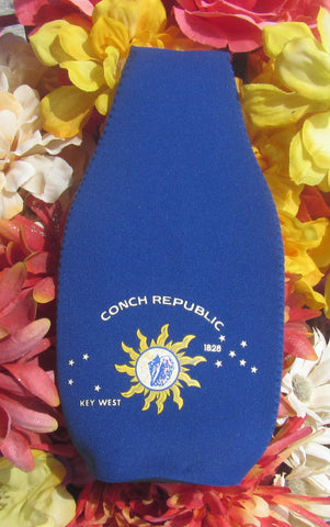 Bottle Cozy front view showing the Conch Republic Flag (blue background)