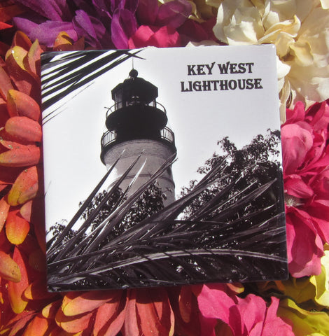 4.25" x 4.25" Ceramic Tile showing a black and white picture of the Key West Lighthouse.