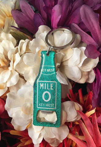 Bottle opener key chain in the shape of a bottle, with the Mile 0 Key West design.