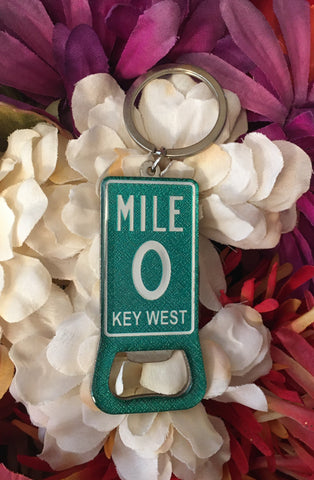 Bottle opener key chain showing a rectangular design of the Mile 0 Key West.