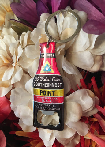 Bottle opener key chain in the shape of a bottle, with the Southernmost Point design.