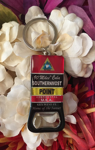 Bottle opener key chain showing a rectangular design of the Southernmost Point.
