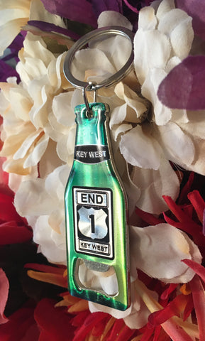 Bottle opener key chain in the shape of a bottle, with the End US 1 Key West design in green, gray and black.