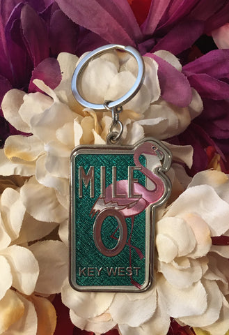 Key Chain showing a flamingo standing in front of the Mile 0 Key West sign.