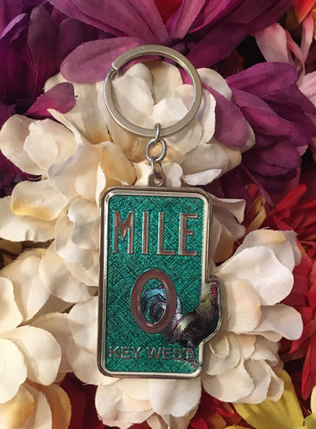 Key Chain showing a rooster standing in front of the Mile 0 Key West sign.