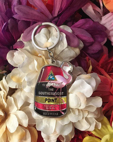 Key Chain showing a flamingo standing in front of the Southernmost Point.