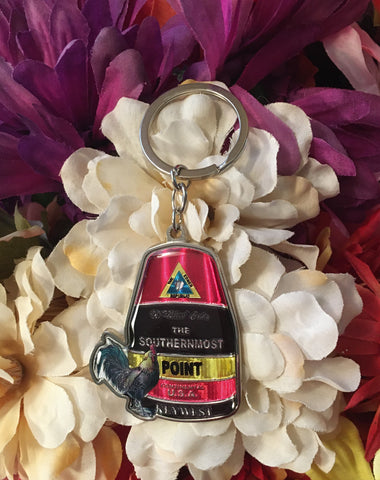 Key Chain showing a rooster standing in front of the Southernmost Point.