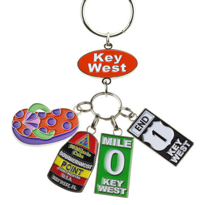 Key Chain with a "Key West" on an oval orange backgroup and 4 charms hanging underneath: a flip flop (orange with purple dots and green straps), the Southernmost Point, Mile 0 sign and End US 1 sign.