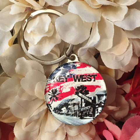 Key Chain showing Green Street with the sky designed as the American Flag. With "Key West".