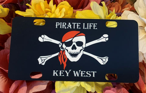 Mini License Plate showing a Red Hat Pirate skull with "PIRATE LIFE" and "KEY WEST".