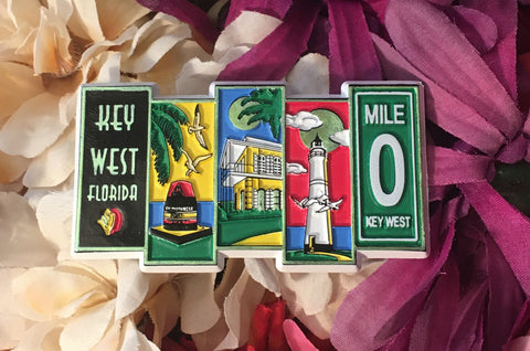 Magnet showing 5 rectanguls, left to right: "Key WEst, Florida", Southernmnost Point with palm tree and seagulls, Hemingway House, Lighthouse, and Mile 0 Key West sign.