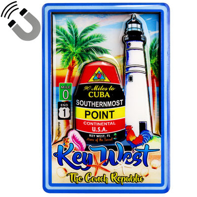 Magnet showing a beachside scenery with the Southernmost Point, the Key West lighthouse, the Mile 0 US 1 sign, palm tree, seashells, "Key West" and "The Conch Republic".