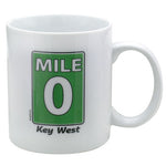 Picture of the mug showing the Mile 0 Sign with "Key West" written underneath, white background and white handle.