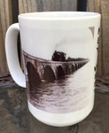 Side view mug showing Flagler's train on Long Key Viaduct and mug handle.