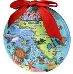 Ornament picture showing the map of Florida locating popular destinations with a sealife design (fishes, dolphin, turtles, seashells).