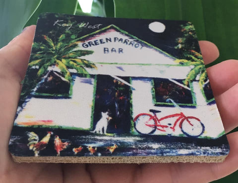  Rubber Coaster picture showing a painting of the Green Parrot bar with chickens, dog and bike.