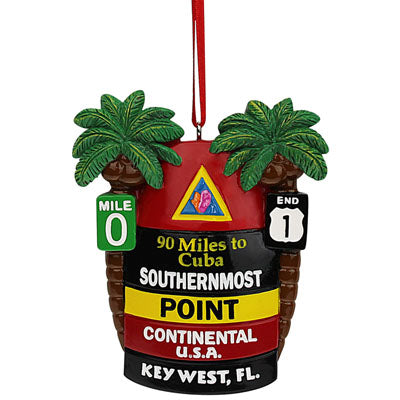 Ornament picture showing the Southernmost Point with two palm trees on each side (one with the Mile 0 sign and the other with the US 1 End sign)