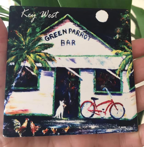 Sandstone Coaster picture showing a painting of the Green Parrot bar with chickens, dog and bike.