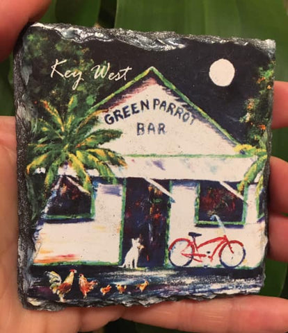  Slate Coaster picture showing a painting of the Green Parrot bar with chickens, dog and bike.