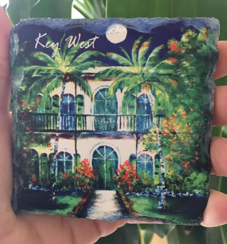 Slate Coaster picture showing a painting of the Hemingway House with "Key West" (white letters).