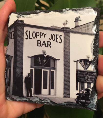 Slate Coaster showing a mid 20th century picture of Sloppy Joe's Bar and the mug handle.