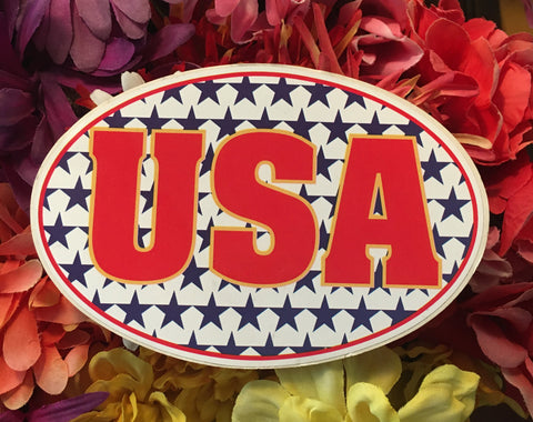 Large sticker showing "USA" in big red letters on a background of blue stars.