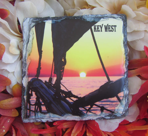 Slate Coaster showing a beautiful sunset picture taken at the bow of a sailboat.