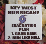 Ceramic Tile 4.25" x 4.25" showing the blue hurricane logo and "KEY WEST HURRICANE EVACUATION PLAN", "1. GRAB BEER", "2. RUN LIKE HELL" (white background)