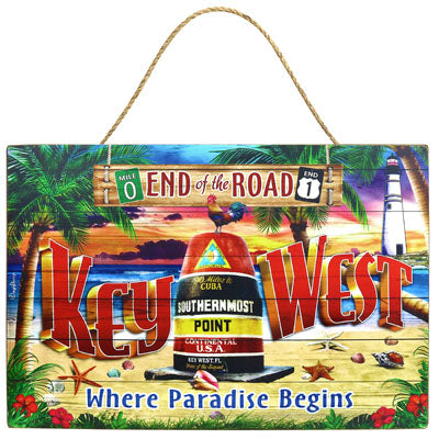 Wall Art showing a seaside scenery with the Southernmost Point, Key West lighthouse, Mile 0, End US 1 sign, "Key West", "END of the ROAD" and "Where Paradise Begins".