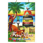 Wall Art showing a seaside scenery with a parrot seating next to a palm tree, a rooster standing on top of the Southernmost Point, Mile 0 US 1 sign, "Key West" and "The Conch Republic".