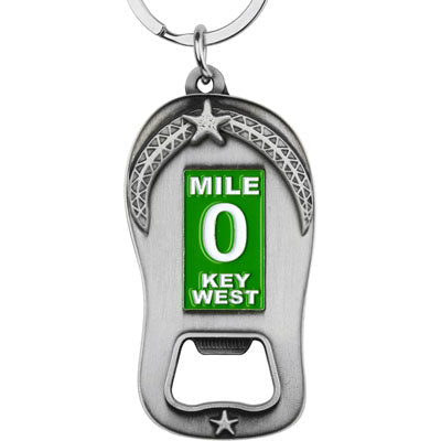 Pewter style bottle opener key chain showing the Mile 0 sign with "KEY WEST".